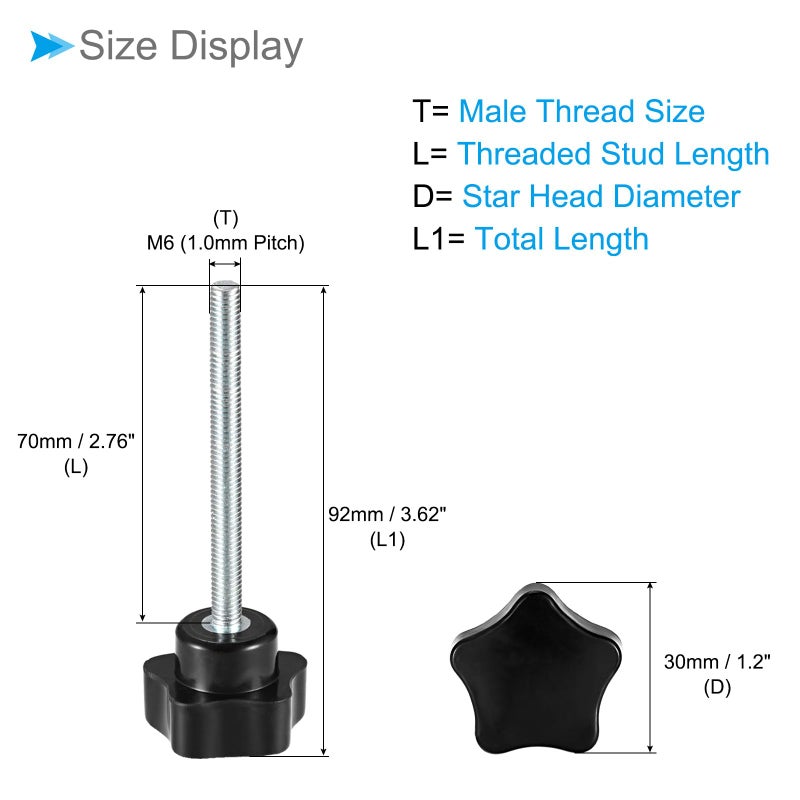 مقابض CoCud Star Clamping، M6 × 70 مم رأس ذكر 30 مم، مقابض يدوية برغي إبهام بلاستيكي، مسمار ملولب أسود - (التطبيقات: لآلات المخرطة)، 6 قطع - Image 2